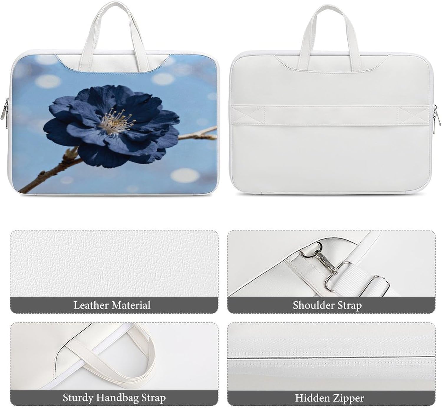 Navy Cherry Blossom 42x30.5cm White-style Laptop Bag Leather Tablet Computer Briefcase Large Capacity Work Business Tote Bags for Office