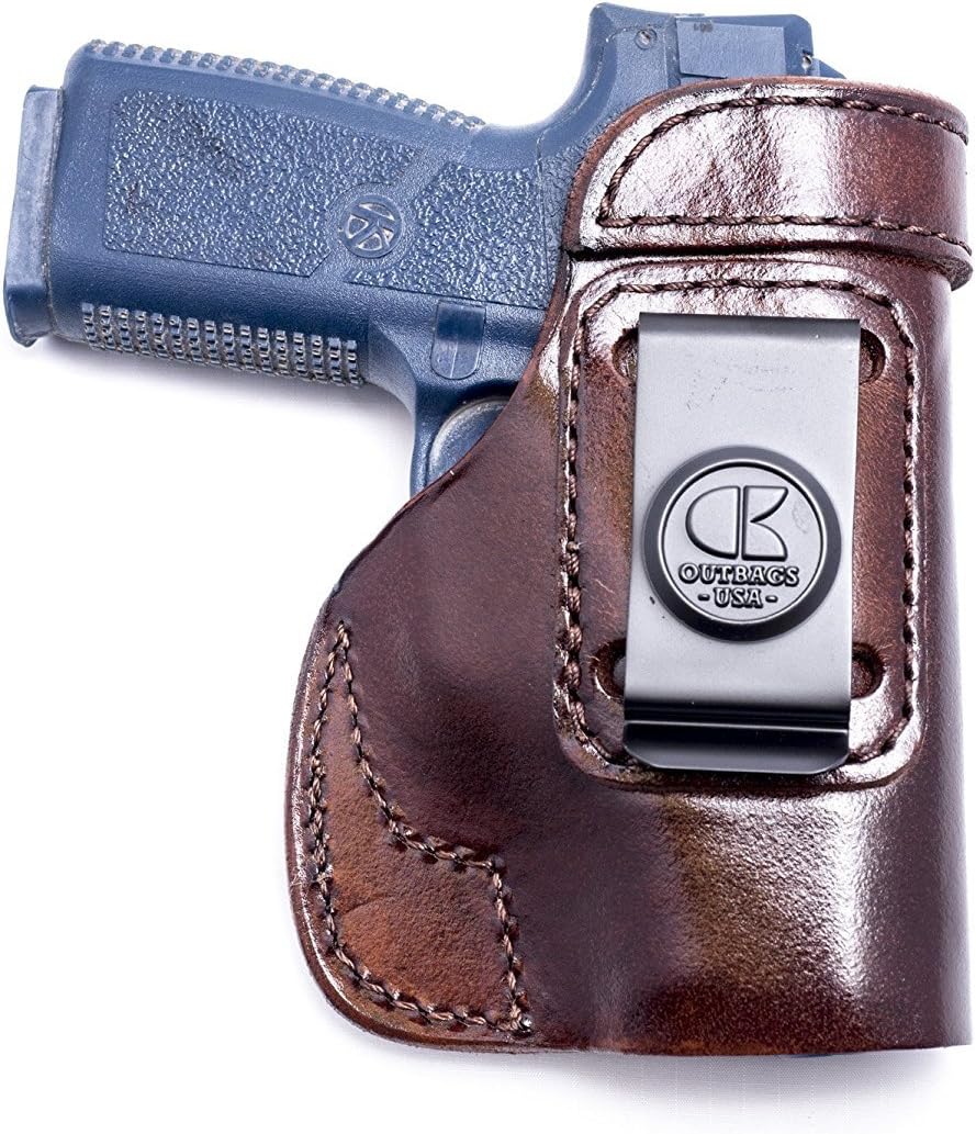 OUTBAGS USA LS2CW45 (Brown-Right) Full Grain Heavy Leather IWB Conceal Carry Gun Holster for Kahr CW45 .45ACP. Handcrafted in USA.