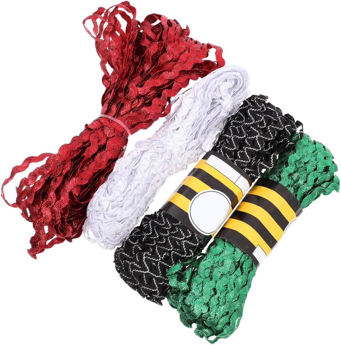 4 Rolls 15-Yard Sewing Rickrack Ribbon Set, 5mm Wave Edge Woven Trim in Red, Green, White, Black-White for DIY Dressmaking, Flower Crafting, and Wrapping