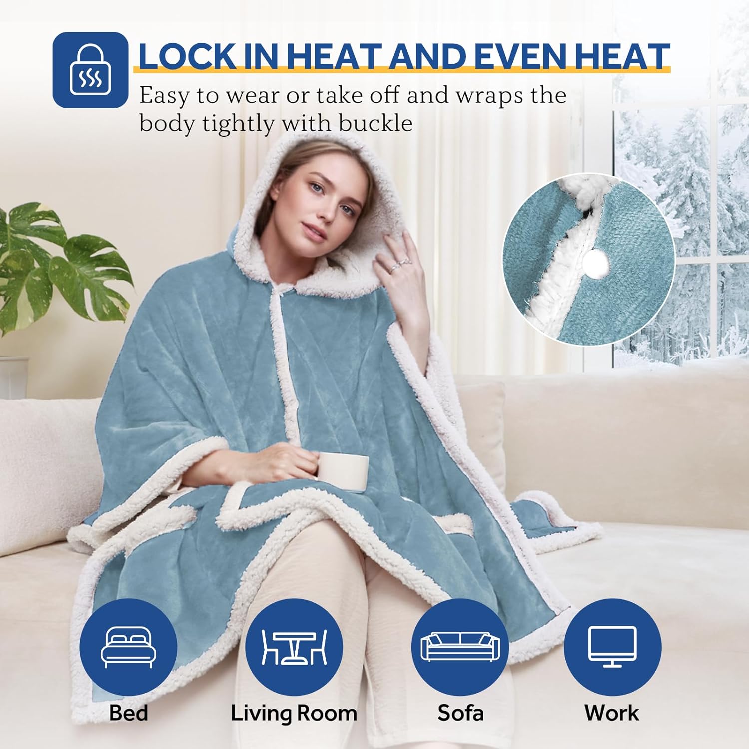 Sealy Heated Throw Wearable Shawl Wrap with Pockets, Reversible Flannel to Sherpa Electric Blanket Hoodie Poncho with 6 Heating Levels & 2-10 Hours Time Settings, 50 X 60 Inch, Light Blue - Image 3