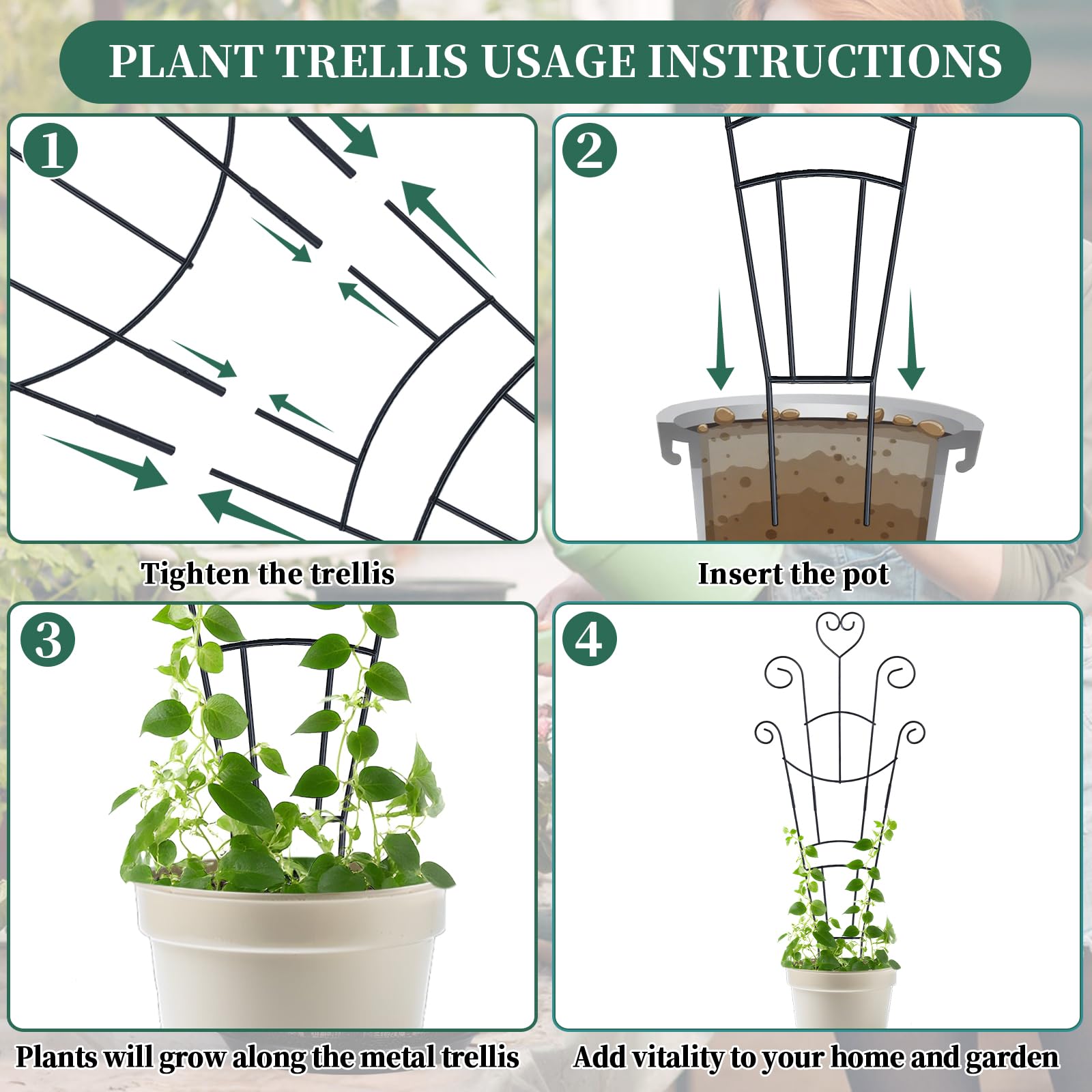 Lot de 4 treillis de 81,3 cm pour plantes grimpantes d'intérieur et d'extérieur en métal pour plantes en pot, support de plantes d'intérieur et d'extérieur pour lierre, Pothos, Monstera, Hoya, fleur