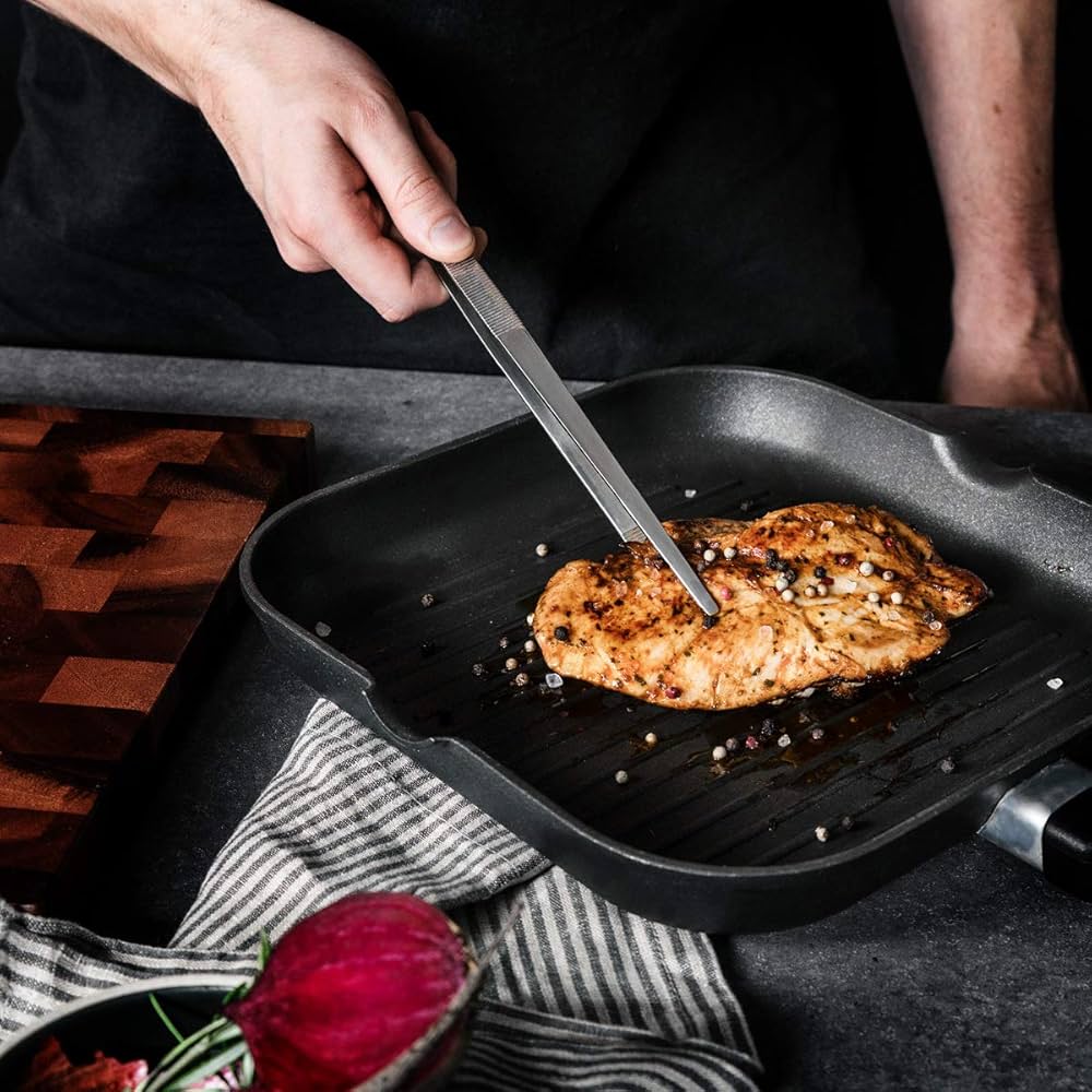 Dual Tip Cooking Tweezers Tongs, Double Ended 2-in-1 Professional Stainless Steel Kitchen Tweezers For Cooking, Repairing, Sea Food, BBQ, Decorating, Pet Feeding (8 Inch, Black