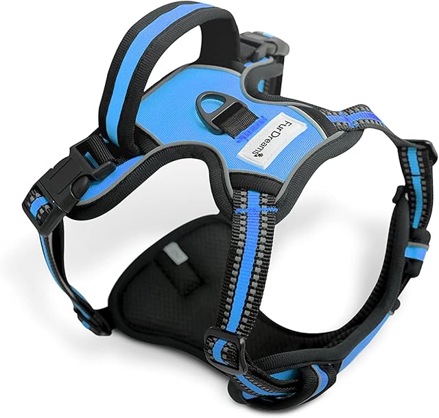 FurDreams Dog Harness  Secure Padded Vest Harness, Comfortable Material with Reflective Strips, Non-Restrictive, No Choke Fit with 4 Adjustable Straps, No Pull, Dog Lead Clips on Easily (Small, Blue)