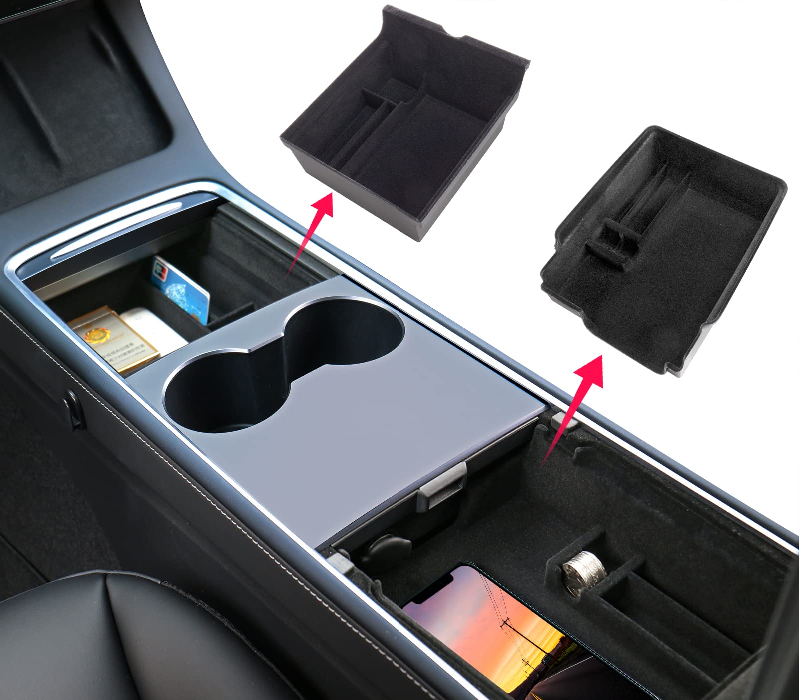 Carwiner Center Console Organizer Tray for 2021-2022 2023 Tesla Model 3/Y Flocked Armrest Drawer Storage Box Interior Accessories