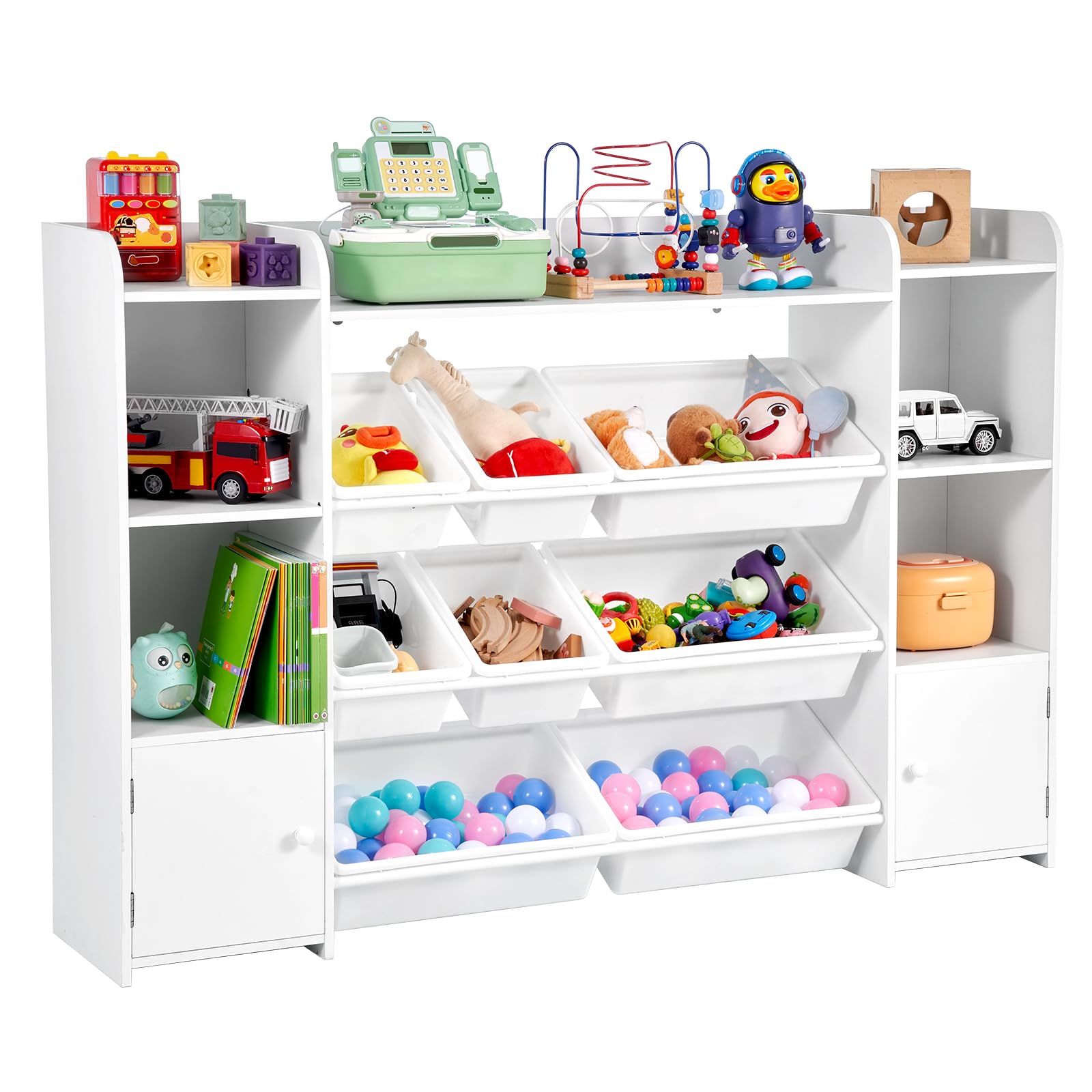 VEVOR Meuble de Rangement Jouets Enfant à 4 Niveaux avec bibliothèque, Grande étagère d'organisateur de Jouets avec 8 bacs en Plastique Flexibles, pour Salle d'étude, Chambre, Salle de Jeux, Blanc