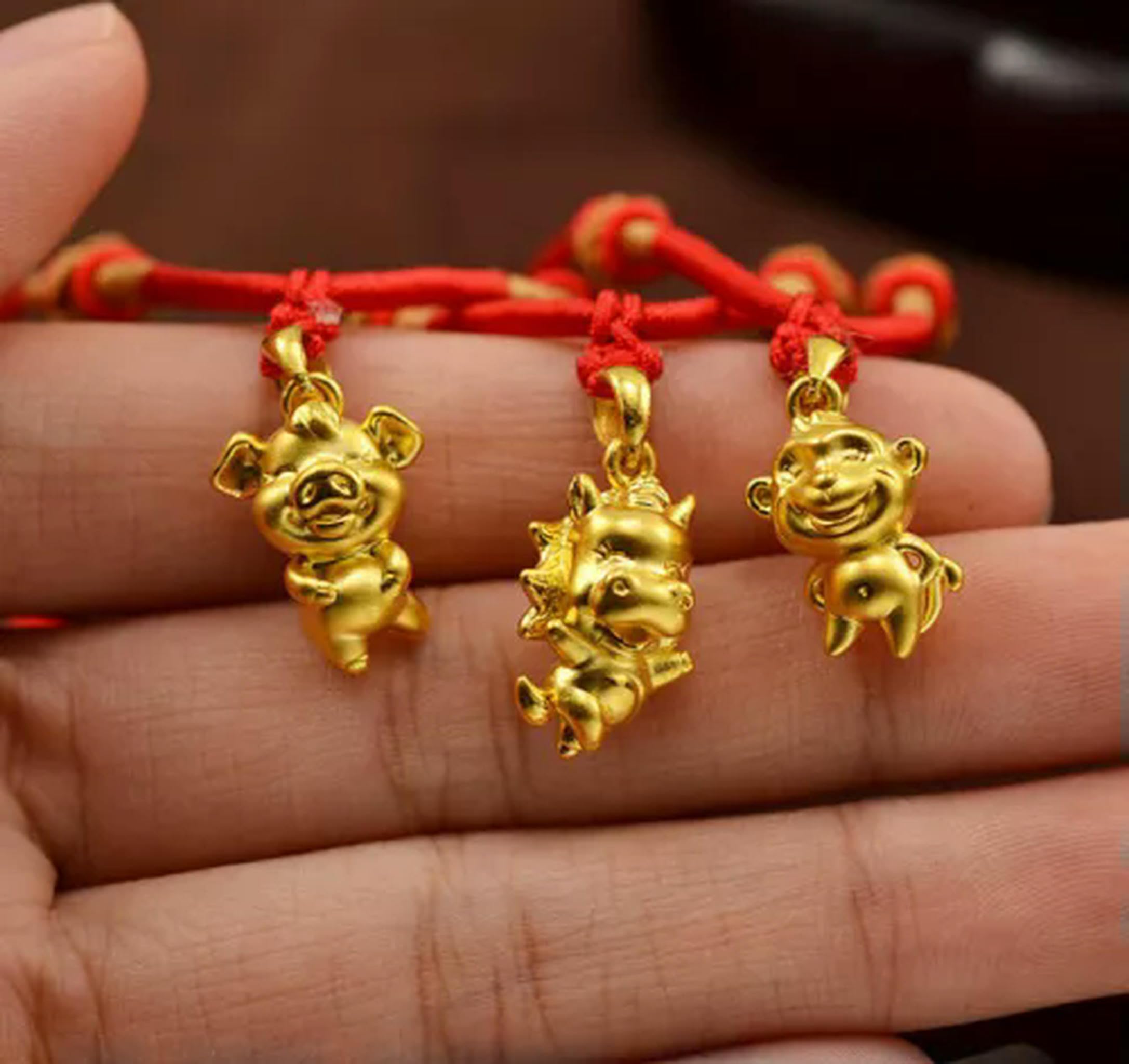 1 Stück Echt 24 Karat Gelbgold Anhänger Damen Sternzeichen Zwölf 3D Tanz Hase Tiger-Drache-1,5-1,6g