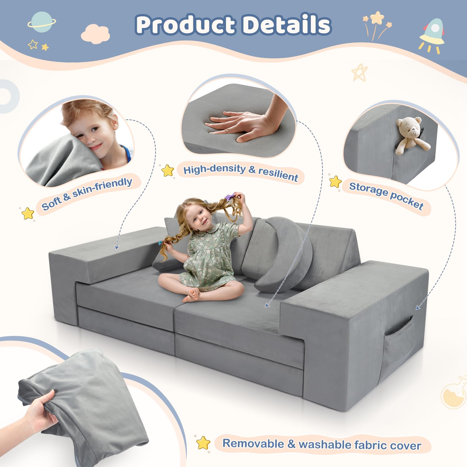 9-teiliges Modulares Spielsofa Grau, DIY Kindercouch mit Stern- und Mondkissen, Umwandelbar als Sofa & Spielburg, Weiches Schaumstoff-Sofa für Kinder
