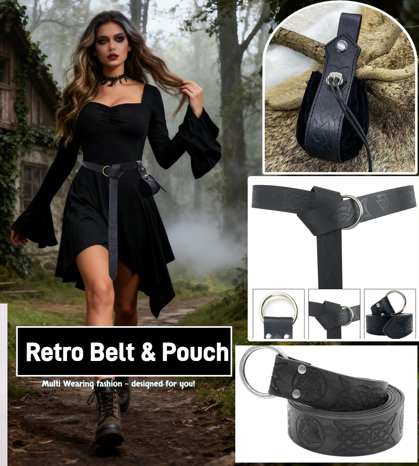 kasahara Medieval Clothing Women Set Gothic Dress Retro Renaissance Clothing with Corset, Belt Bag, Belt - Image 4