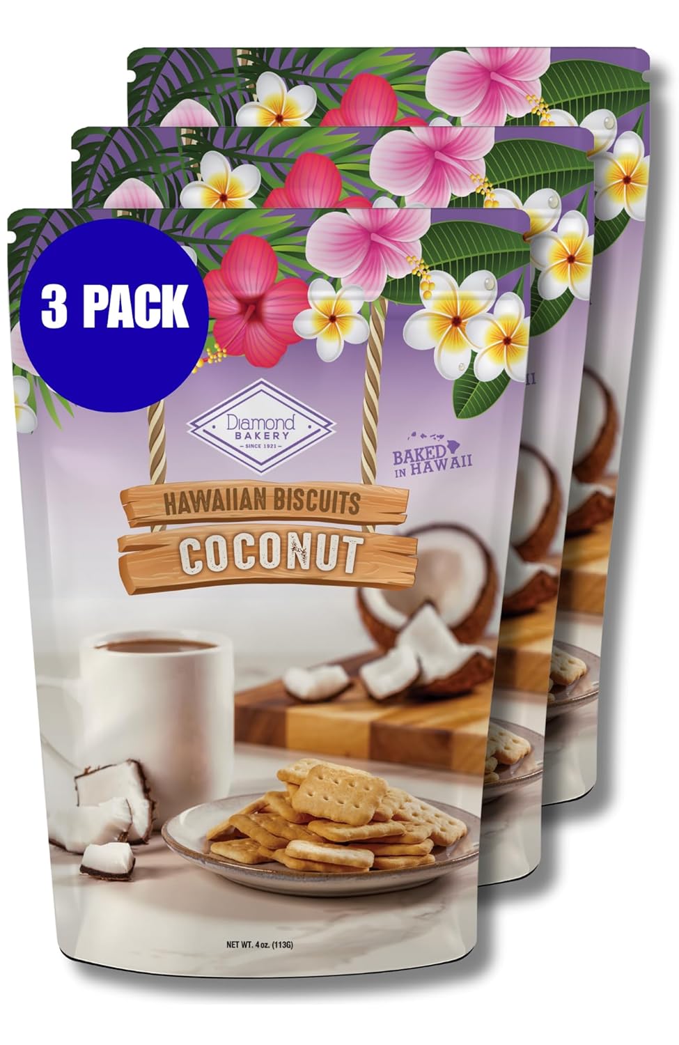 Diamond Bakery Coconut Biscuits – Made in Hawaii, Crunchy Biscuits with Finely Shredded Coconut Pieces, Thin Cookies, Crunchy Snack, 12oz, 3-Pack (Each 4oz Bag Contains 4 Servings)