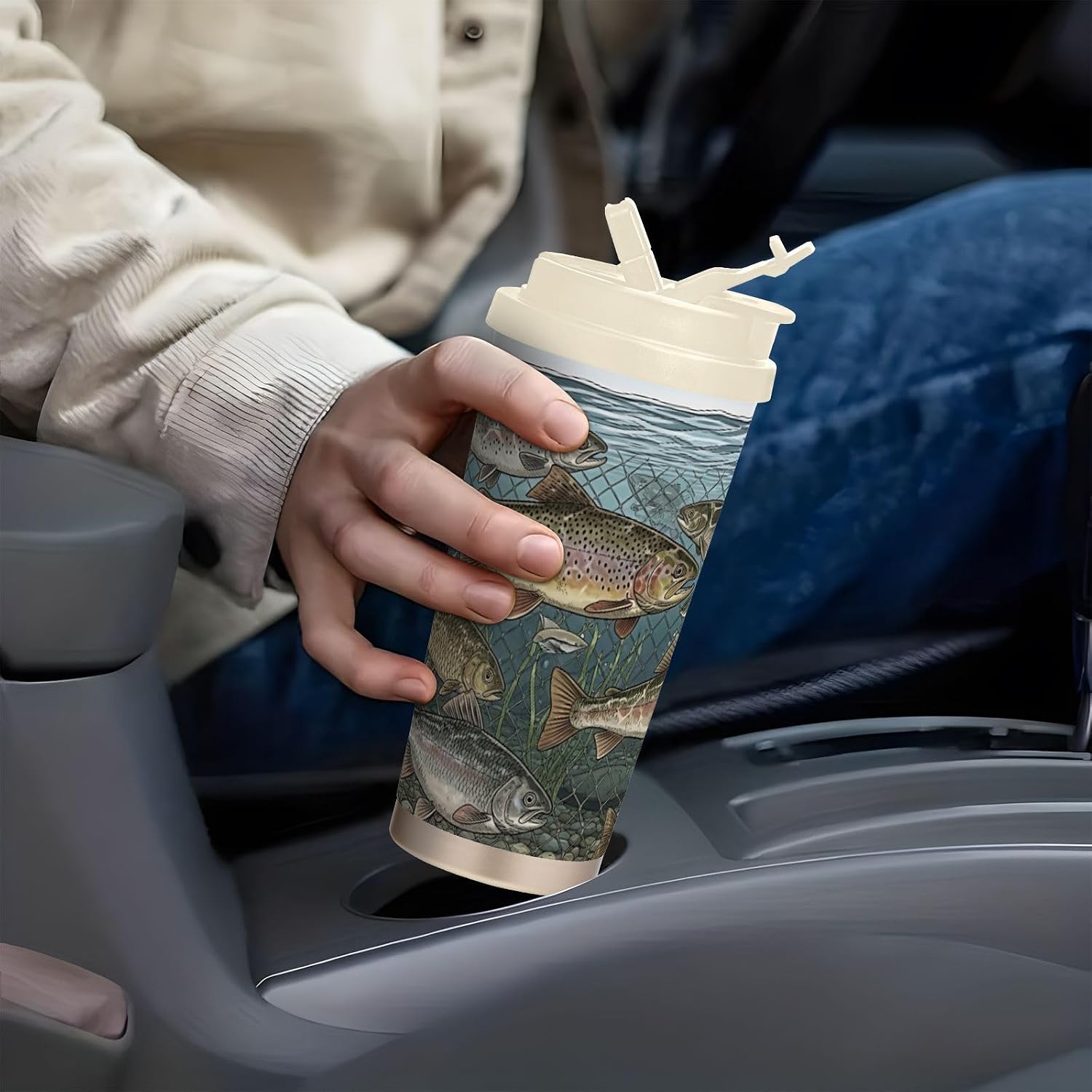 Insulated Coffee Mug Trout Wild River with Straw & Flip Lid, 16.9oz Iced Tumbler Cup, Double Wall Vacuum Mug for Travel Office Camping