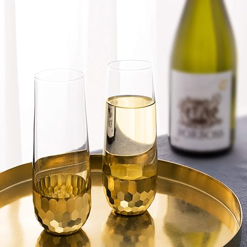 Miniatura 10 de MyGift Copas de vino sin tallo, diseño martillado y dorado, juego de 4