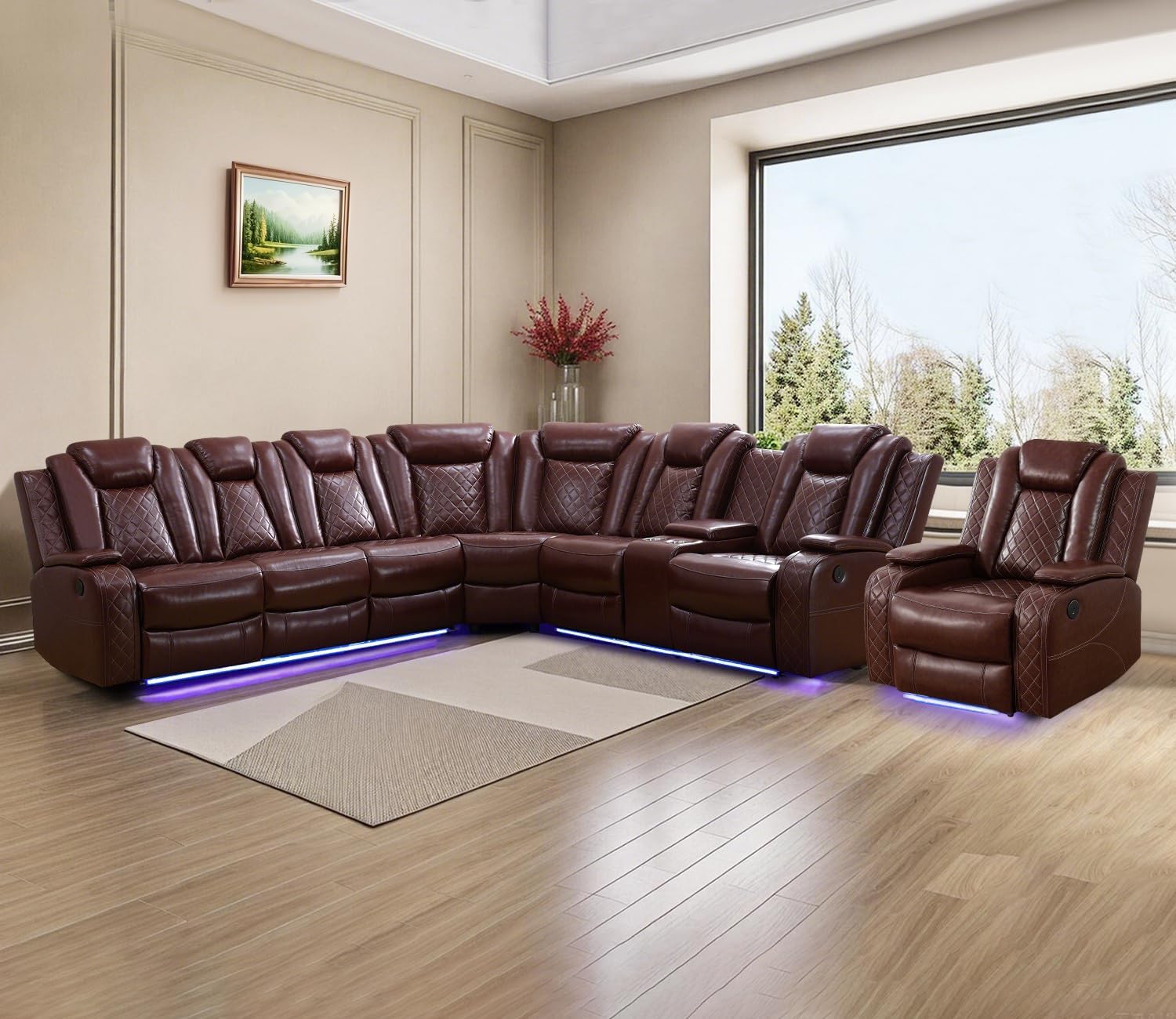 Power Sectional Sofa for Living Room Furniture Sets,Leather Reclining Corner Sectional Sofa with 3 Recliner Seats/LED Light/Cup Holder/Storage Console,Wine