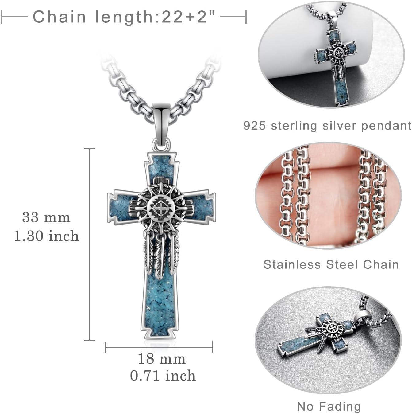 Dream Catcher Cross with Feather for Turquoise Cross Necklace Tribal Necklaces 925 Sterling Silver Western Indian Pendant Dreamcatcher Southwestern Native American Jewelry Gifts for Men - Image 6