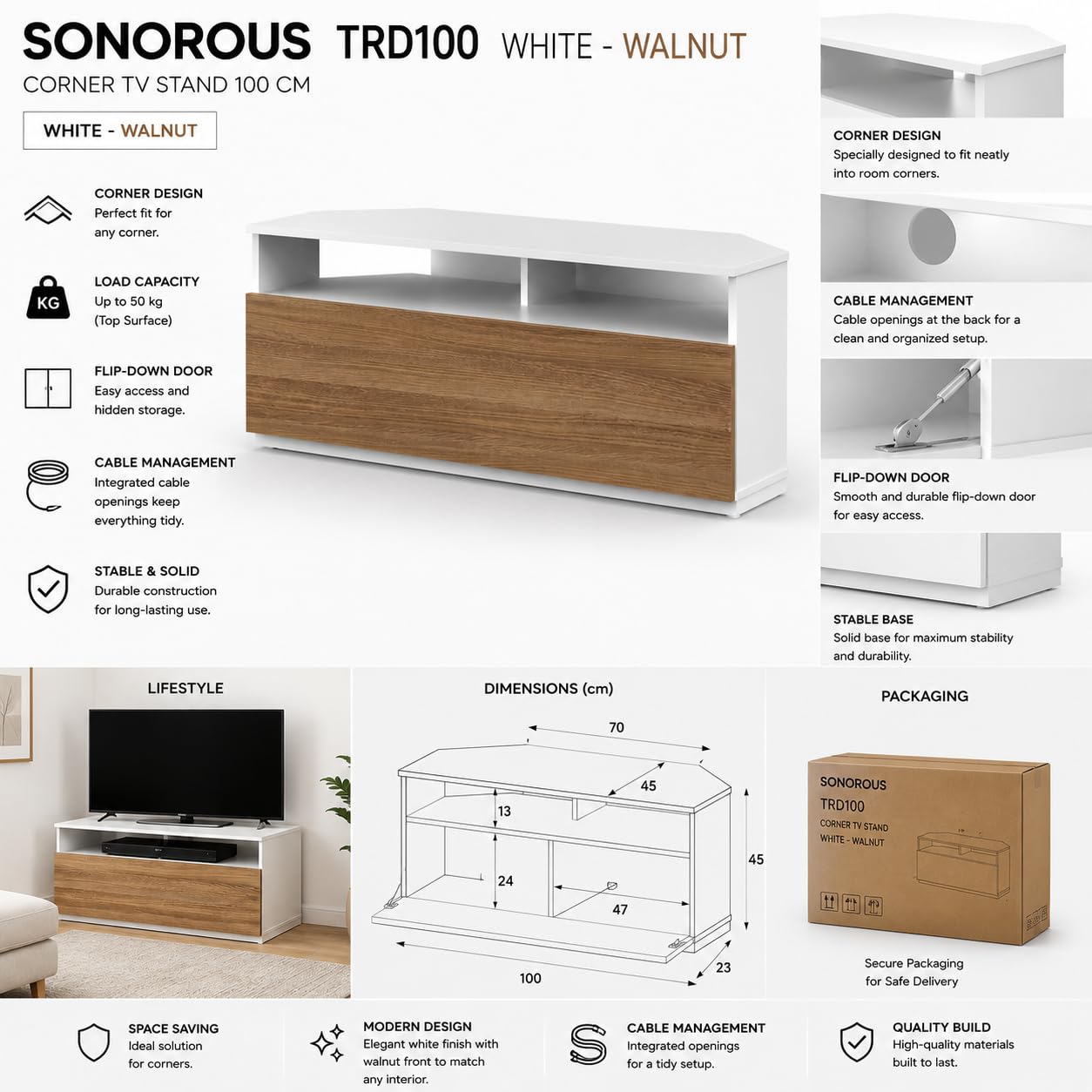RO&CO Sonorous TRD100-WHWN | Mueble TV Esquinero Blanco 100 cm | Puerta Abatible Nogal | Diseño Moderno para Salón | Almacenamiento Oculto | Soporta hasta 40 kg | Mueble TV de Esquina.