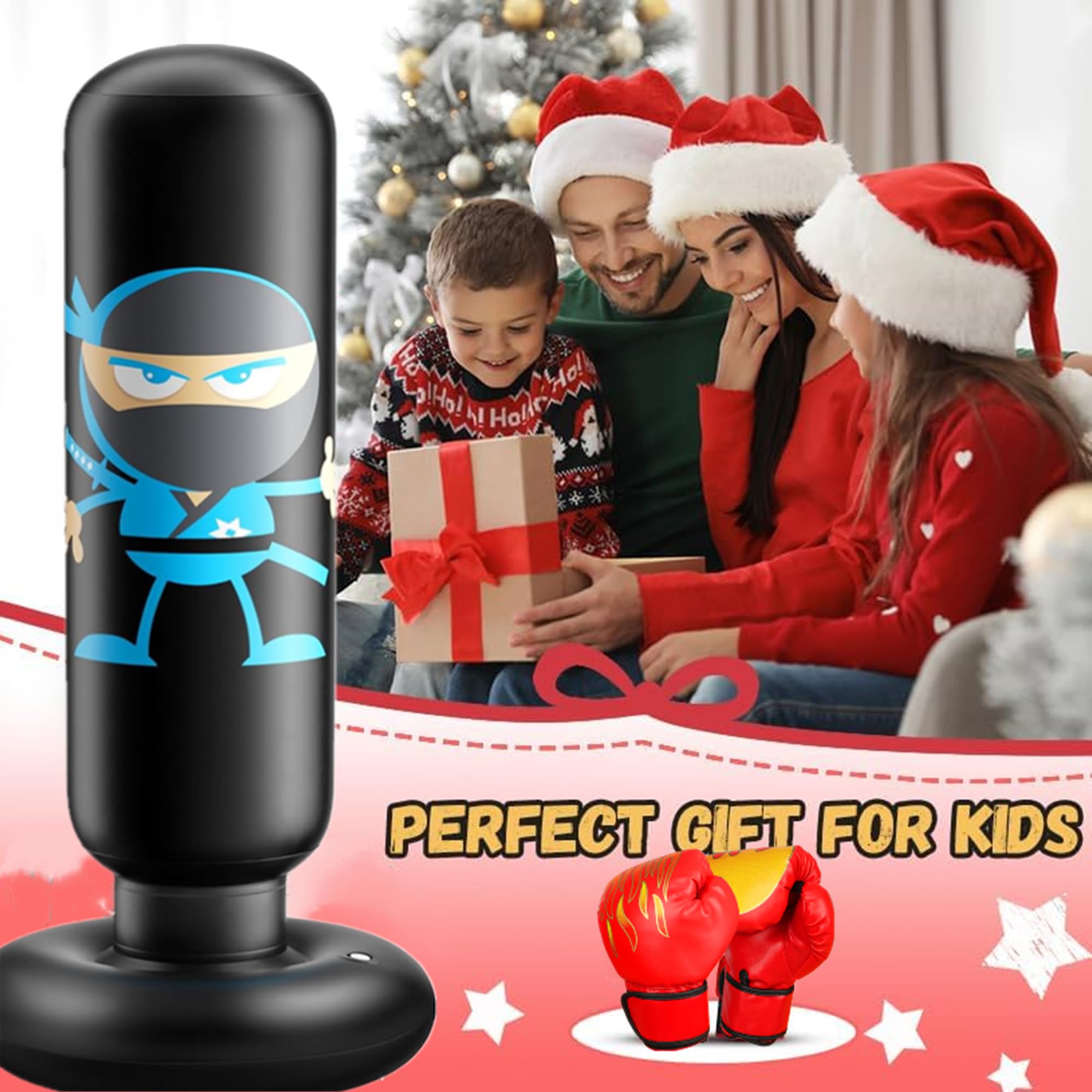 Saco de Boxeo Niños Ninja Diseño Hinchable Saco de Boxeo con Guantes de Boxeo 160cm Saco Boxeo con Soporte Rebote Instantáneo para Practicar Karate Taekwondo MMA Regalos Navidad Niños