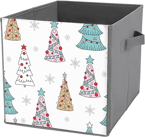 Christmas Trees Snowflakess Storage Cubes, 11 Inch Fabric Bins with Double Handles,Closet Organizers for Shelves,Foldable,for Clothes,Toys
