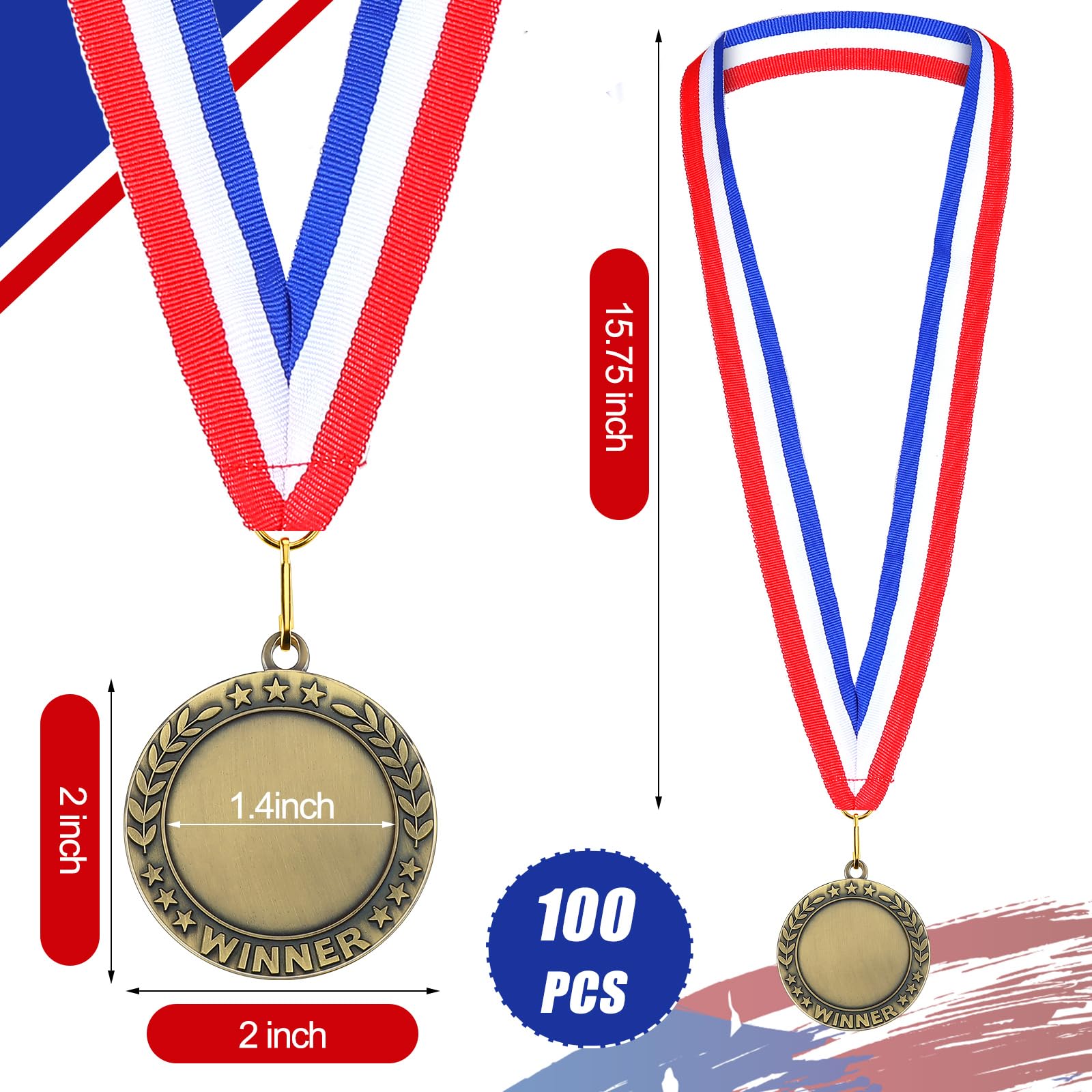 Kigeli 100 Stück Blanko-Auszeichnungsmedaillen mit Halsbändern, Gewinnerteilnahme-Medaille, Auszeichnungen, zum Selbermachen, 1. Platz, Cheer, Teilnahme, Sport-Trophäe, Metall, Team-Preis, Geschenk