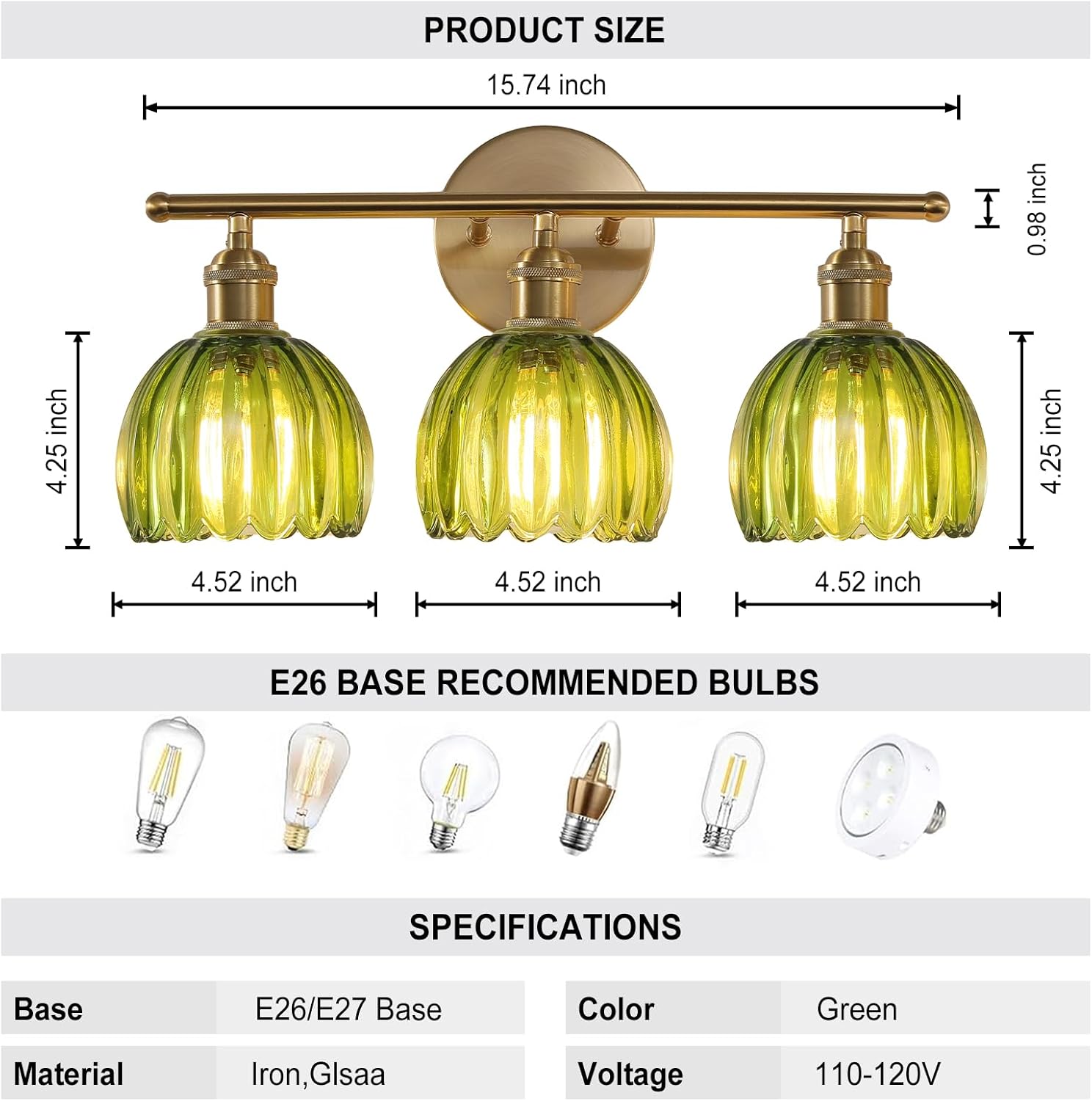 Bathroom Light Fixtures, 3-Light Brass Vanity Wall Light Over Mirror with Green Tulip Glass Shade for Bedroom Living Room