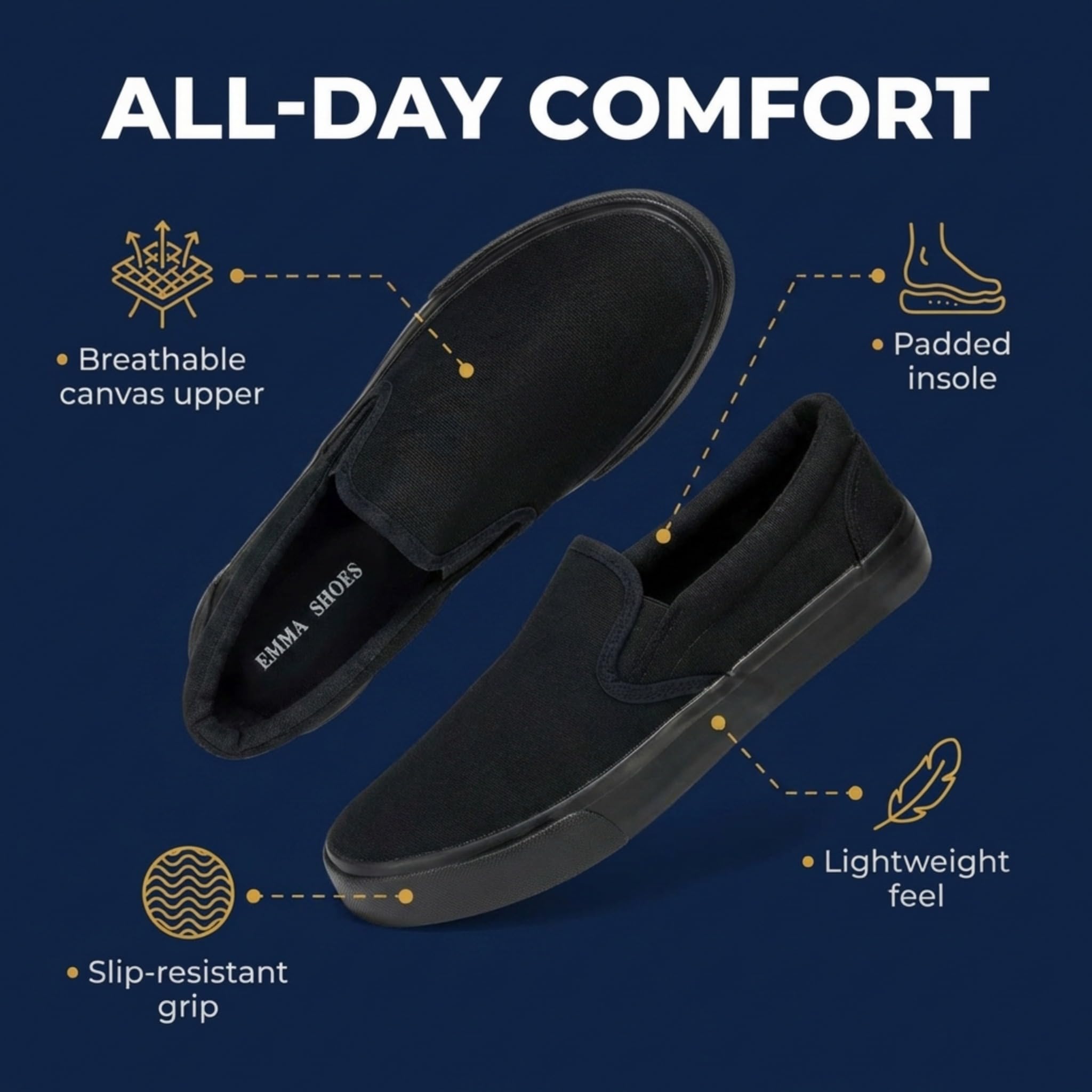 Emma Shoes Low-Top Slip Ons Women's Fashion Sneakers Casual Canvas Sneakers for Women Comfortable Flats Breathable Padded Insole Slip on Sneakers Women Low Slip on Shoes, All Black, 8