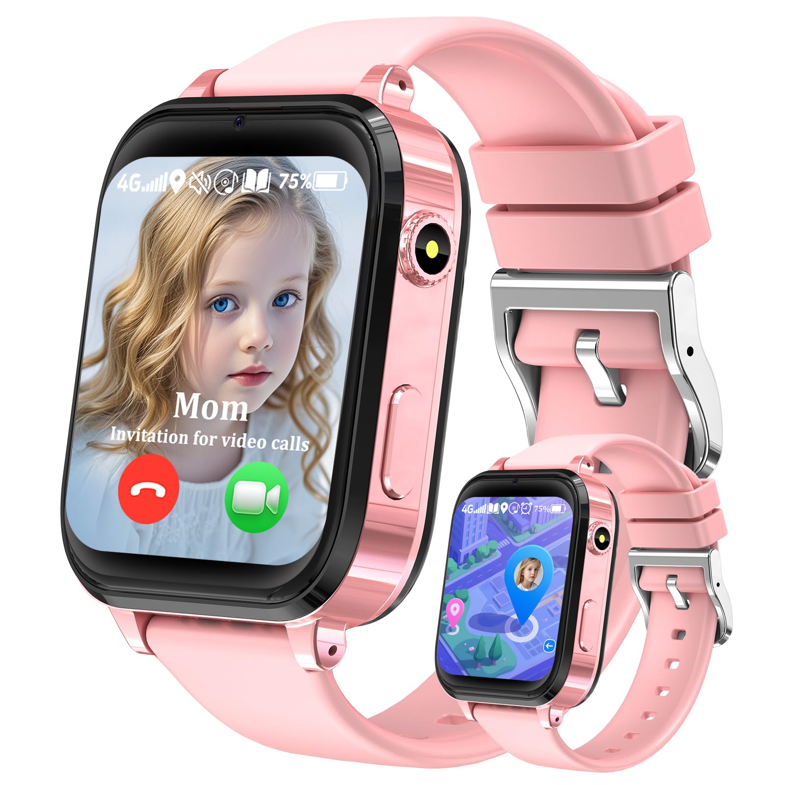 kaacly Reloj Inteligente Niño, 4G Smartwatch Niños con GPS Teléfono Videollamadas HD Chat Familiar SOS Modo Escuela Podómetro IP68 Resistente al Agua, Reloj GPS Niñas y Niños