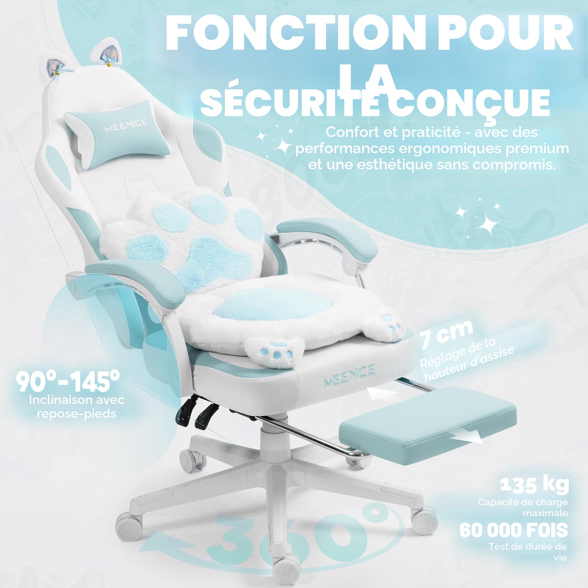 Chat Chaise Gaming Ergonomique Fauteuil Gaming avec Repose-Pieds, Coussin Lombaire et Oreilles de Chat, pour Femmes, Adultes, Adolescents, Bleu et Blanc