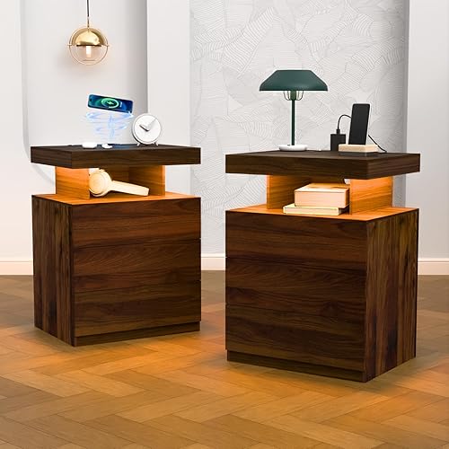 Miniatura 14 de HOMMPA - Mesita de noche LED con estación de carga inalámbrica y puertos USB, mesa de noche moderna, mesita de noche de 3 cajones con compartimento