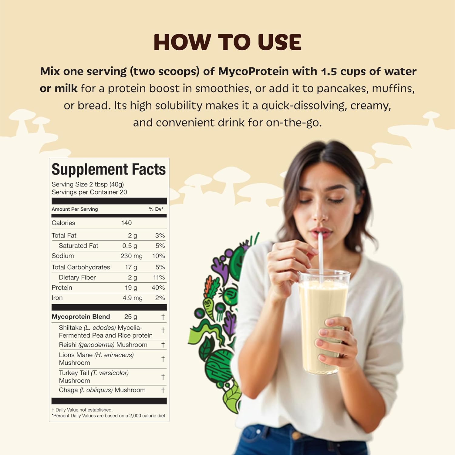 Mycoprotein Mushroom Protein Powder, Vanilla - 19g of Vegan Protein, Plant Based, Superfood, Master Blend of Chaga, Reishi, Turkey Tail, Shiitake, Lions Mane, Coffee, Smoothies (1.76 lb)