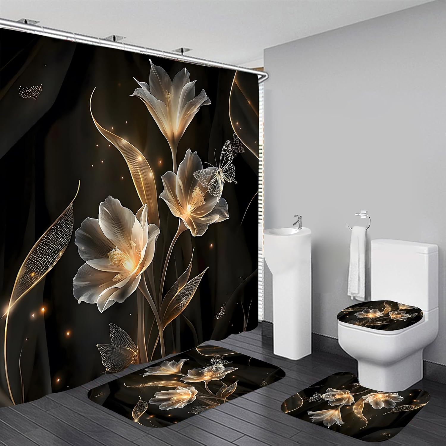 AZHM Floral Butterfly Pattern Shower Curtain for Bathroom 4 PCS Bathroom Decor Sets with Shower Curtain and Rugs and Accessories with 12 Hooks