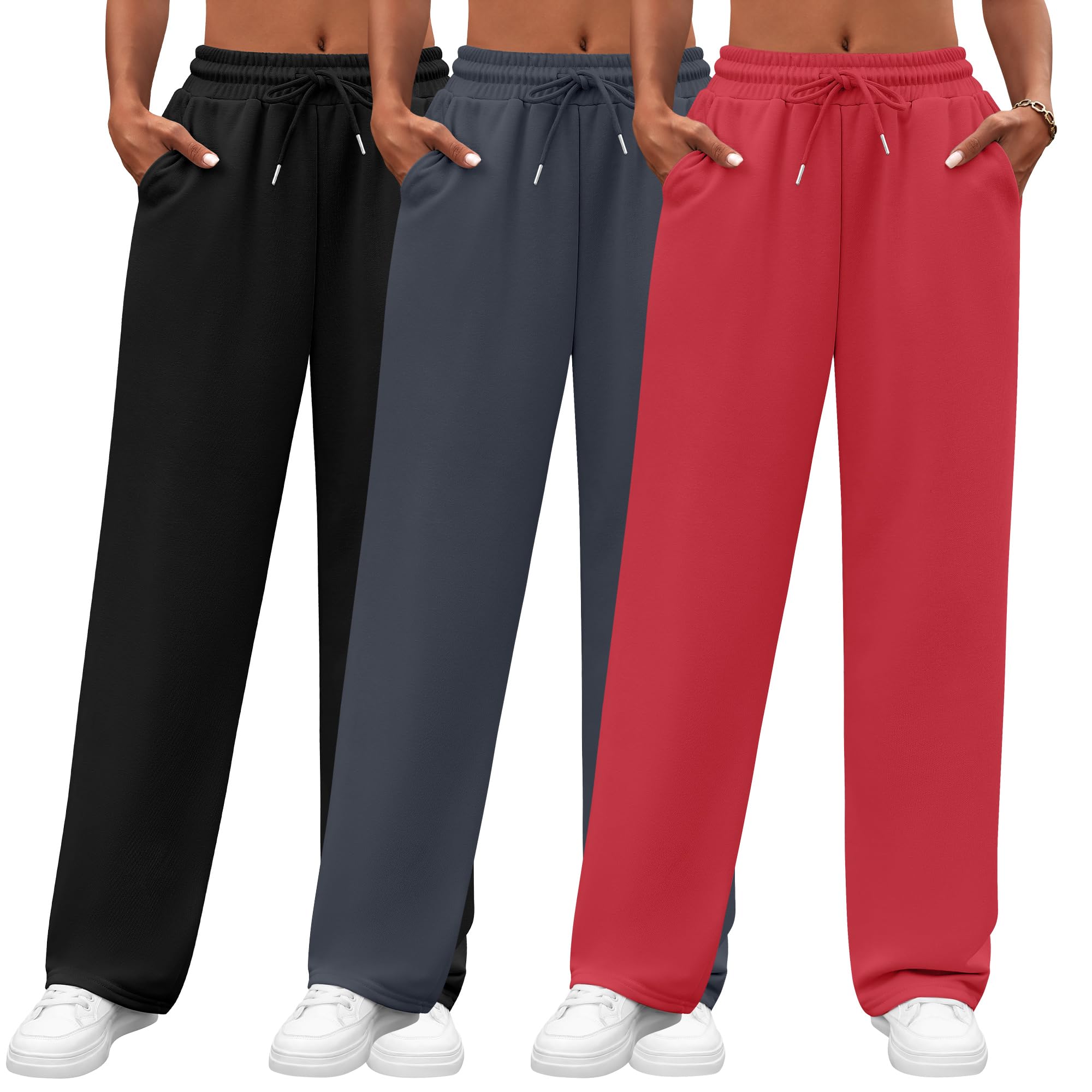 Neer 3 Pack Women's Sweatpants with Pockets, High Waisted Casual Yoga Pants Cozy Lounge Drawstring Loose Wide Leg Jogger