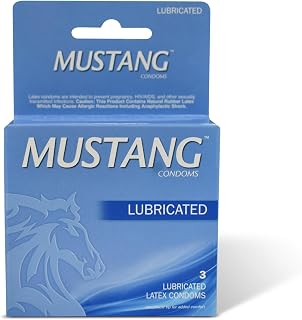Mustang Lubricated Latex Condoms, 3 Count Pack – Premium Natural Latex, Silky Lubricant, Electronically Tested, Receptacle Tip