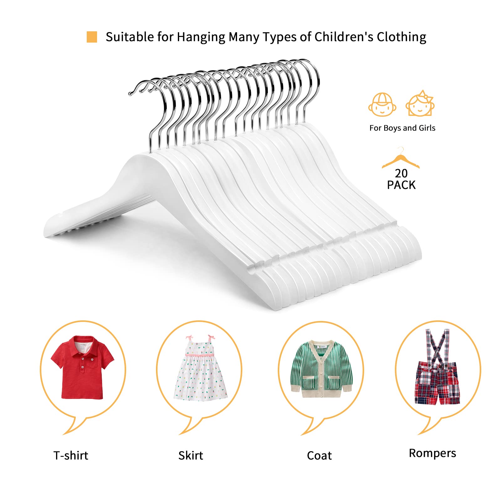Nature Smile 20 Pack 14 Inches Juniors Preteen Older Children Wooden Clothes Hangers Wood Dress Shirt Hanger Coat Jacket Hangers with Notches and 360° Swivel Anti-Rust Chrome Hook (White)