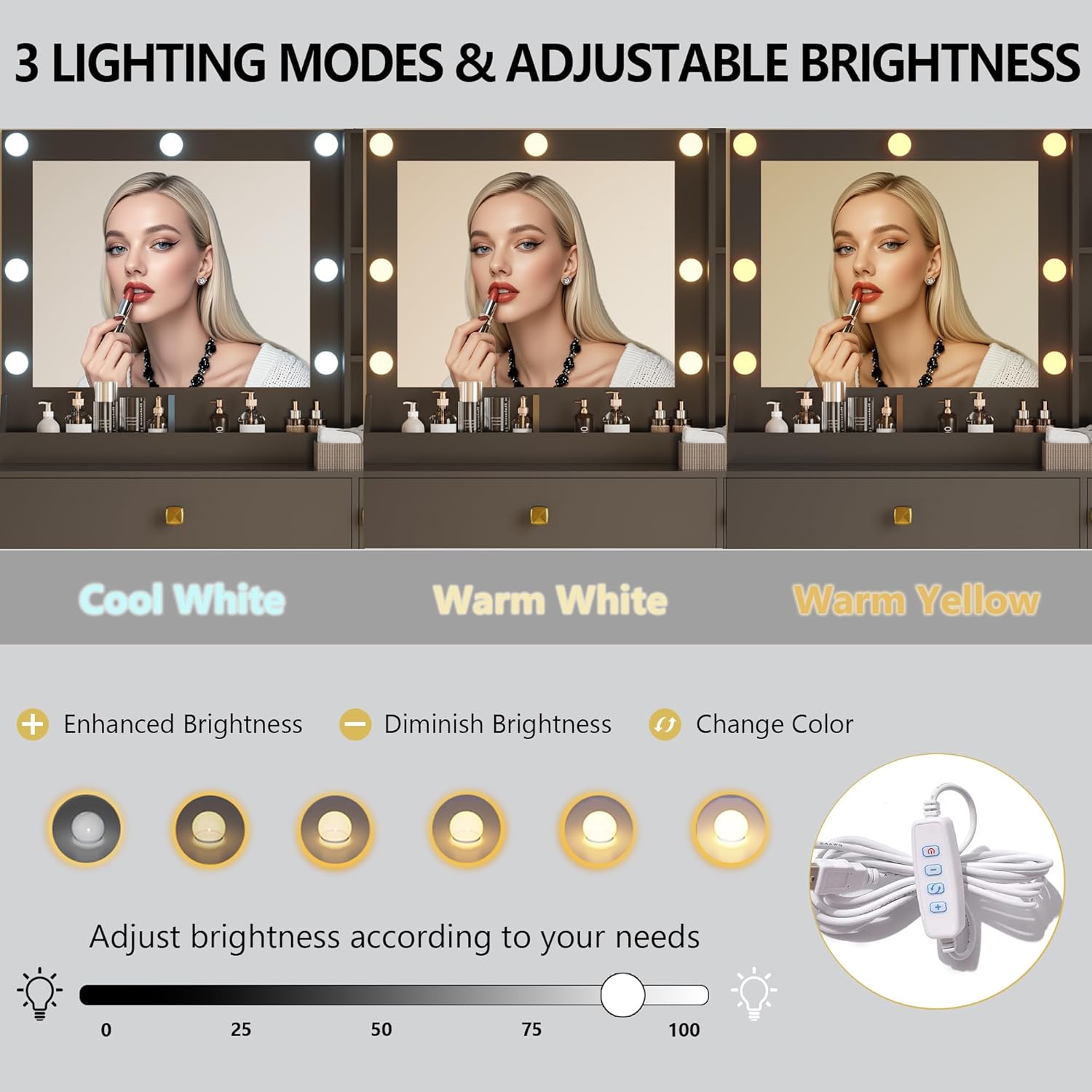 Vanity Desk with Mirror and Lights, Small Makeup Vanity Table with RGB Storage Cabinet & Power Strips & Shelves, 3 Lighting Modes & Adjustable Brightness, Dressing Table for Women Girls Bedroom, Black