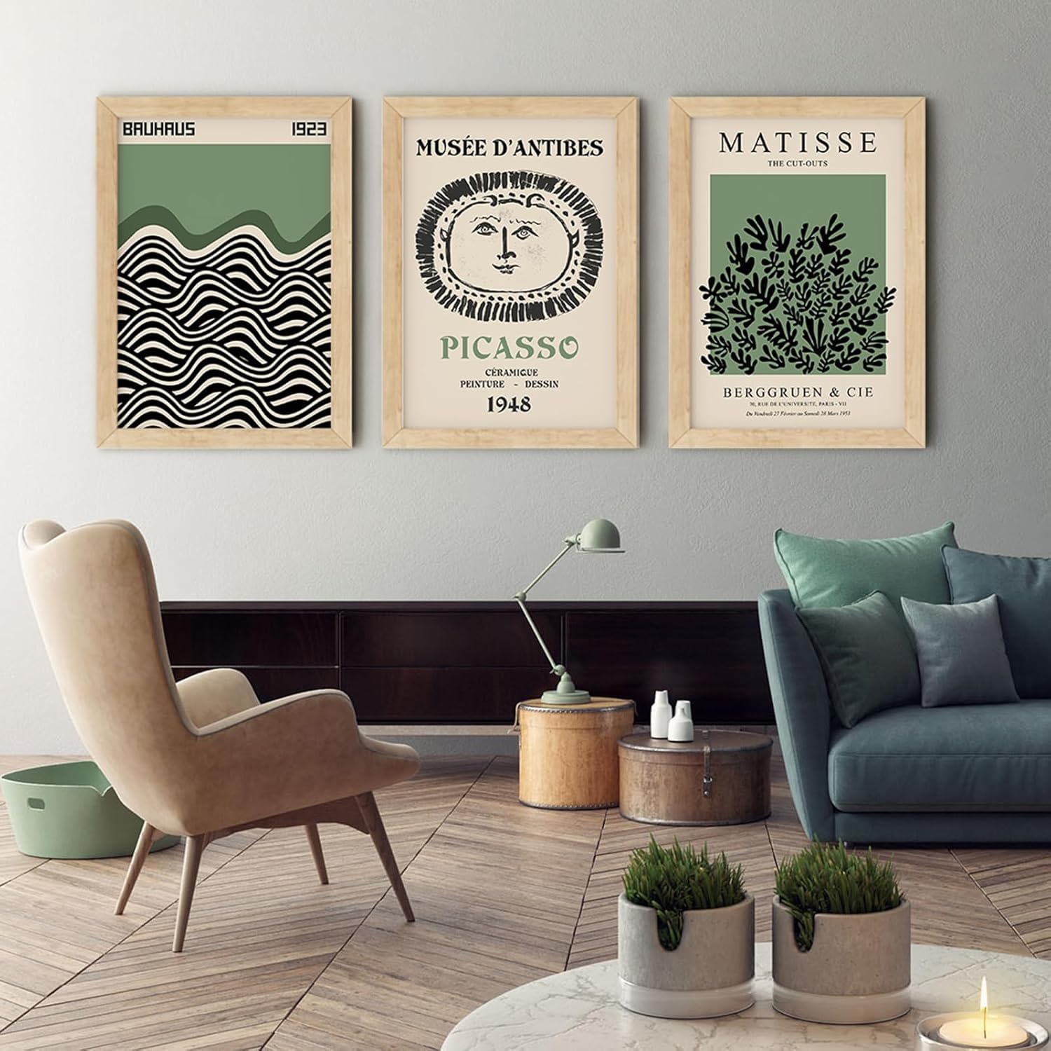 Matisse Bauhaus Canvas Wall Art Sage Green nowoczesny, minimalistyczny abstrakcyjny obraz, plakat z nadrukiem, dekoracja pokoju dziennego (30 x 40 cm x 3/wewnętrzna rama)
