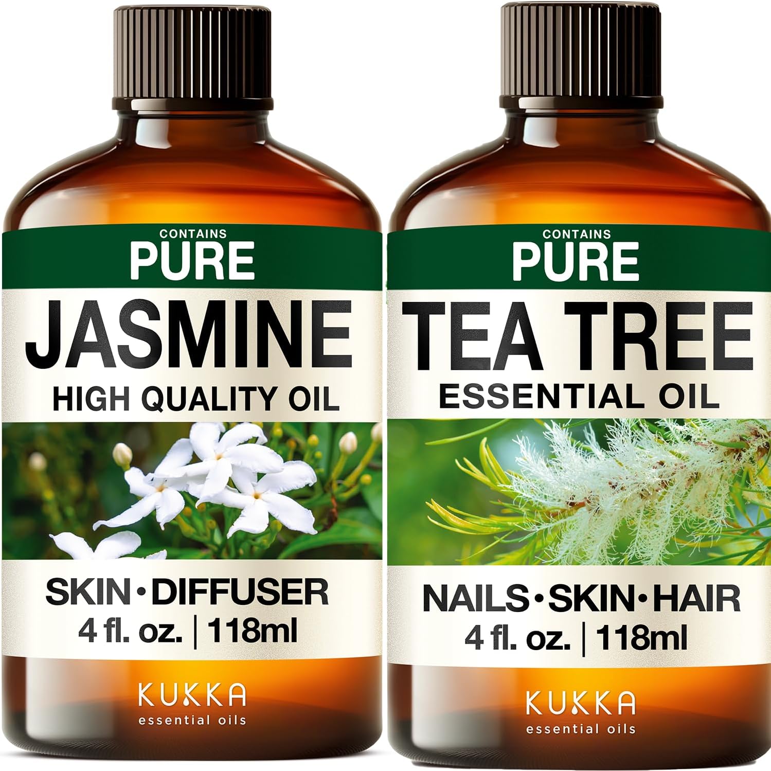 Jasmine Essential Oil for Diffuser & Tea Tree Oil for Skin Set - Aromatherapy Grade Essential Oils Set - 2x4 fl oz - Kukka