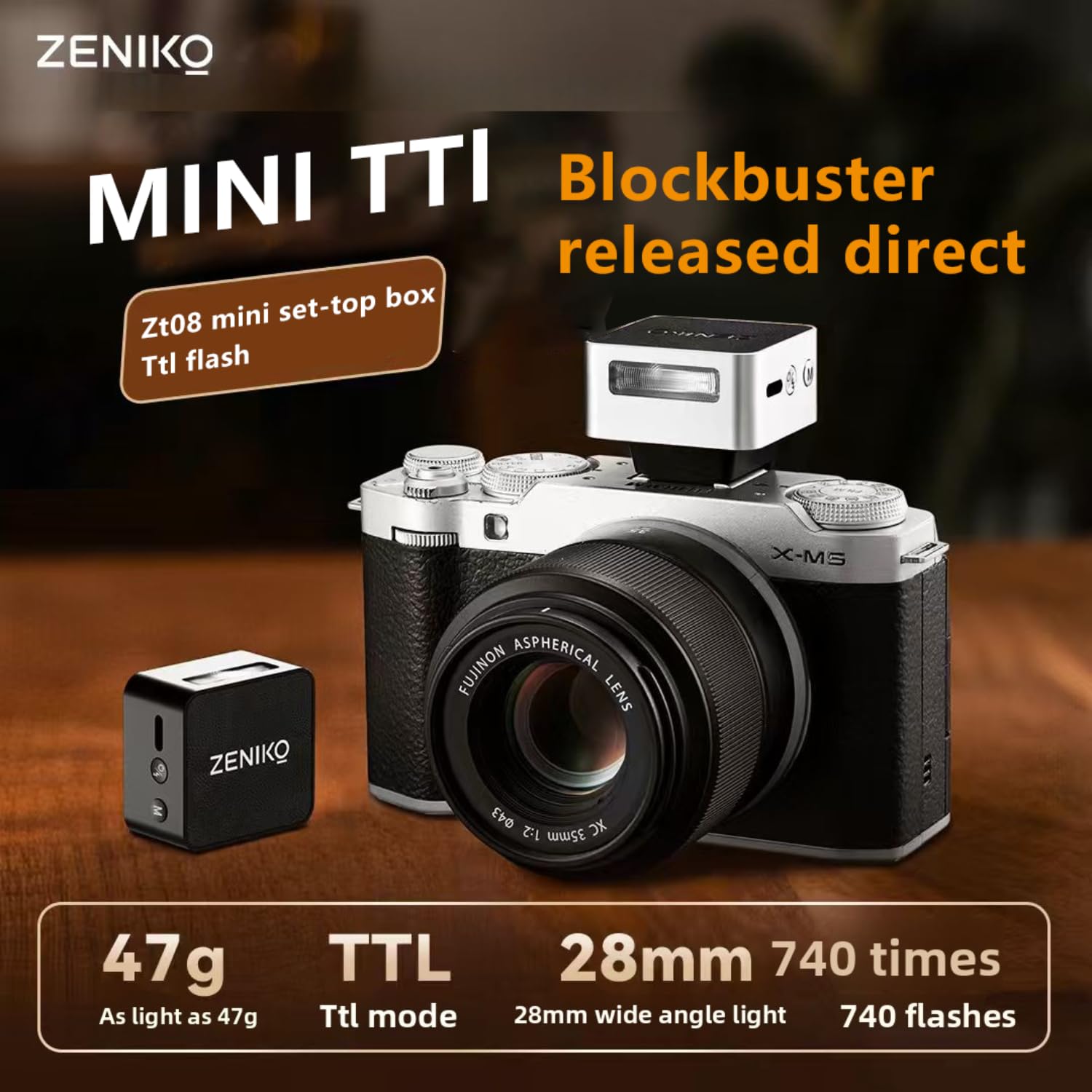 ZENIKO ZT08 F - Mini flash TTL per fotocamere Fuji da 47 g, ricarica USB-C, grandangolo da 28 mm, design retrò con display OLED, 740 flash completo, compatto e facile da viaggiare (argento)