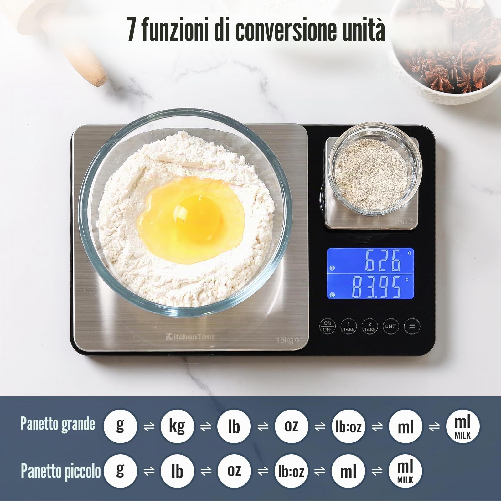 KitchenTour - Bilancia digitale per alimenti, per cucina, 0,0 g/15 kg, doppia piattaforma, bilancia da cucina intelligente di precisione, peso digitale in grammi e once, per cucinare a casa, preparare