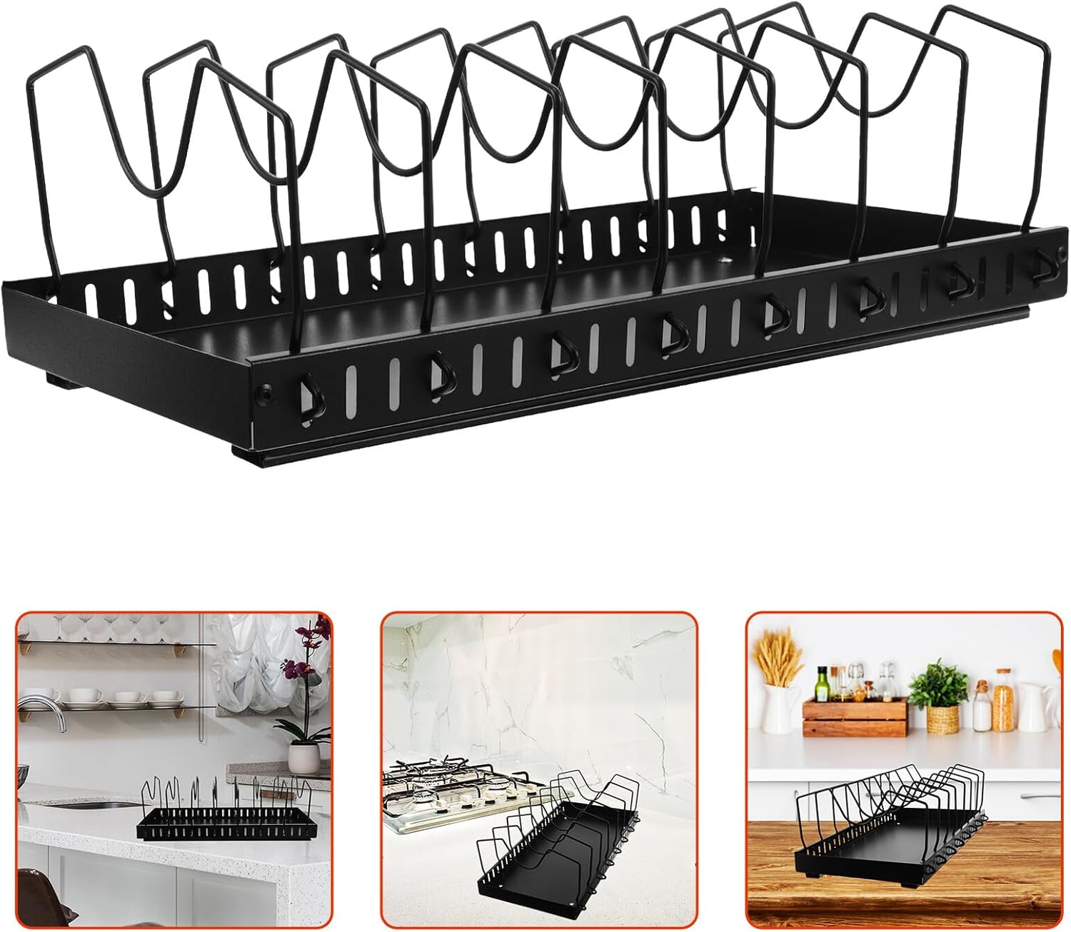 DOITOOL Adjustable Pull-out Pot Lid Holder and Pan Rack with 7 Compartments, 42cm Slide Rail Kitchen Cabinet Organizer for Cookware and Cutting Board Storage, Black