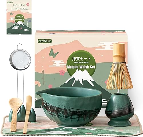 Miniatura 19 de Clay&Fire Juego de Batidor de Matcha, 9 Piezas Juego de Matcha de Cerámica, Cuenco de Matcha de 15 OZ con Pico y Batidor, Kit de Matcha para Amigo,