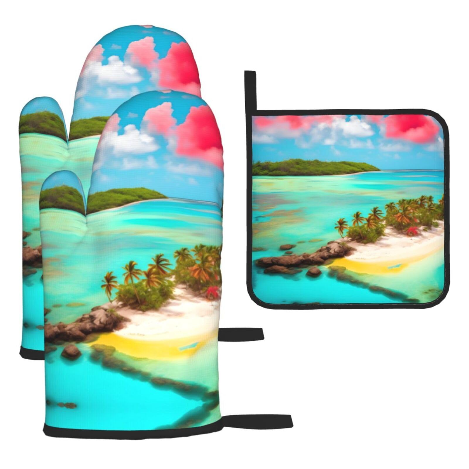 Caribbean Scenery 3 Piece Kitchen Oven Mitt Set Heat Resistant Gloves with Pot Holder Mat Polyester Printed for Cooking Baking BBQ Grill