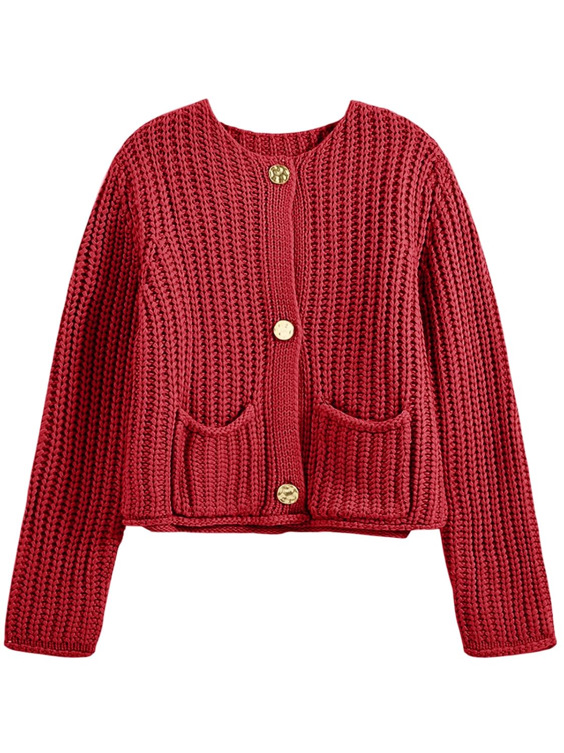 Saodimallsu Womens Button Up Sweaters Fall Chunky Knit Cropped Trendy Crewneck Loose Cardigan with Pockets