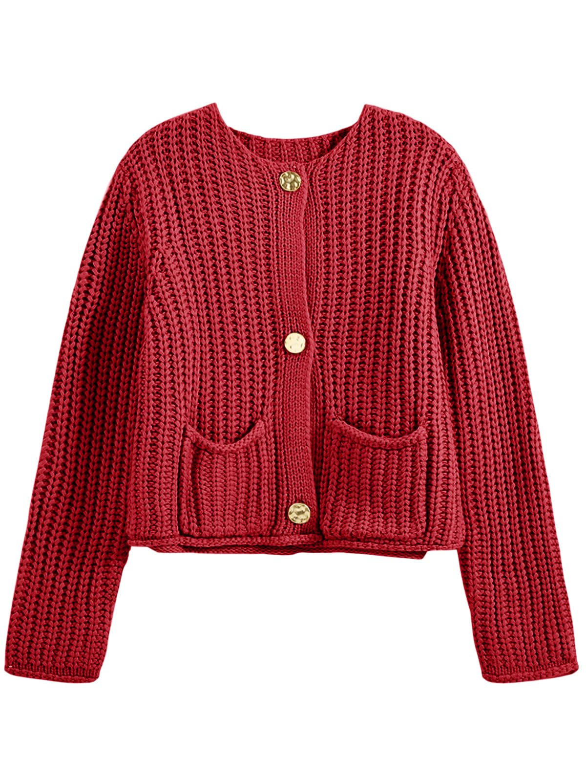 Saodimallsu Womens Button Up Sweaters Fall Chunky Knit Cropped Trendy Crewneck Loose Cardigan with Pockets