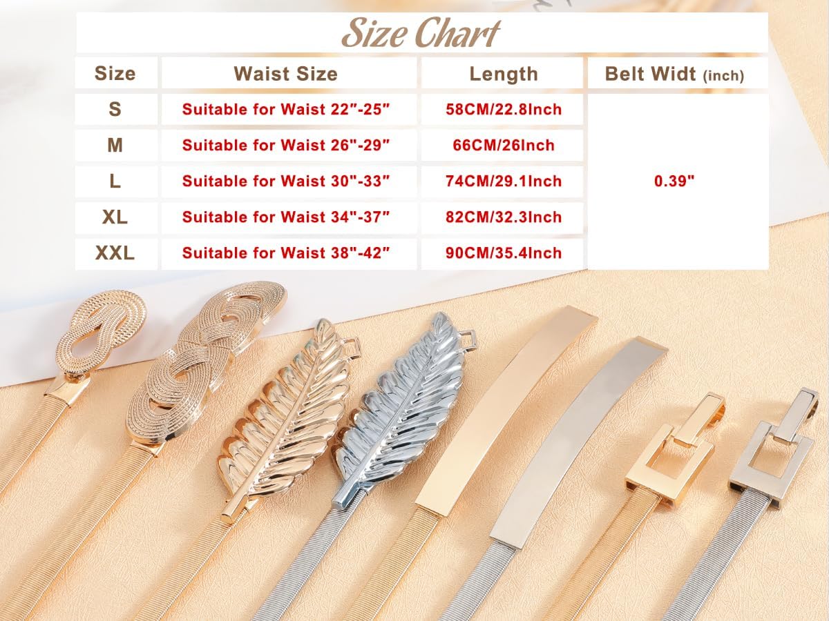 VONMELLI Skinny Metal Cinch Belt for Dress Stretch Thin Waist Belt for Women Gold/Silver - Image 5