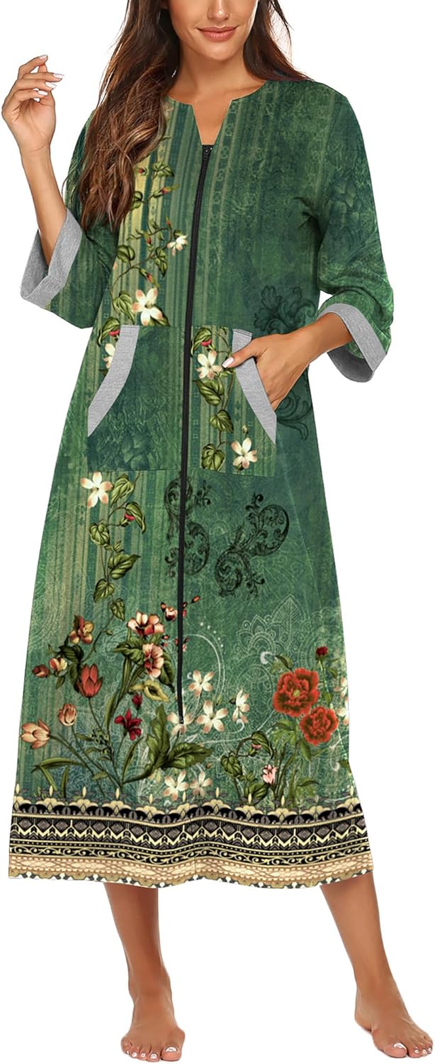 Ekouaer Women Zipper Robe 3/4 Sleeves Loungewear Dress Full Length Sleepwear Pockets Housecoat Nightgown Long Bathrobe - Image 3