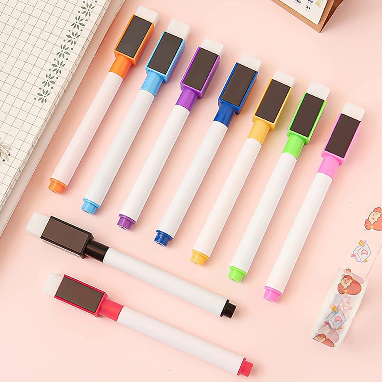 SULOLI Rotuladores Pizarra Blanca Magnetica,9 Piezas Rotuladores Pizarra Blanca con Borrador,Rotuadores Magnèticos de Borrado en Seco para Hogar，Escuela u Oficina（9 Colores）