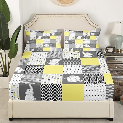 Miniatura 1 de Juego de sábanas bajeras de cuadrícula amarilla, gris y blanco, tamaño Queen, diseño de animales kawaii, diseño de elefante, funda de cama vintage