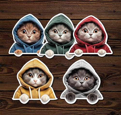 Cute Cat Wearing Hoodie Peeking Stickers, 5pcs Realistic Kitten in