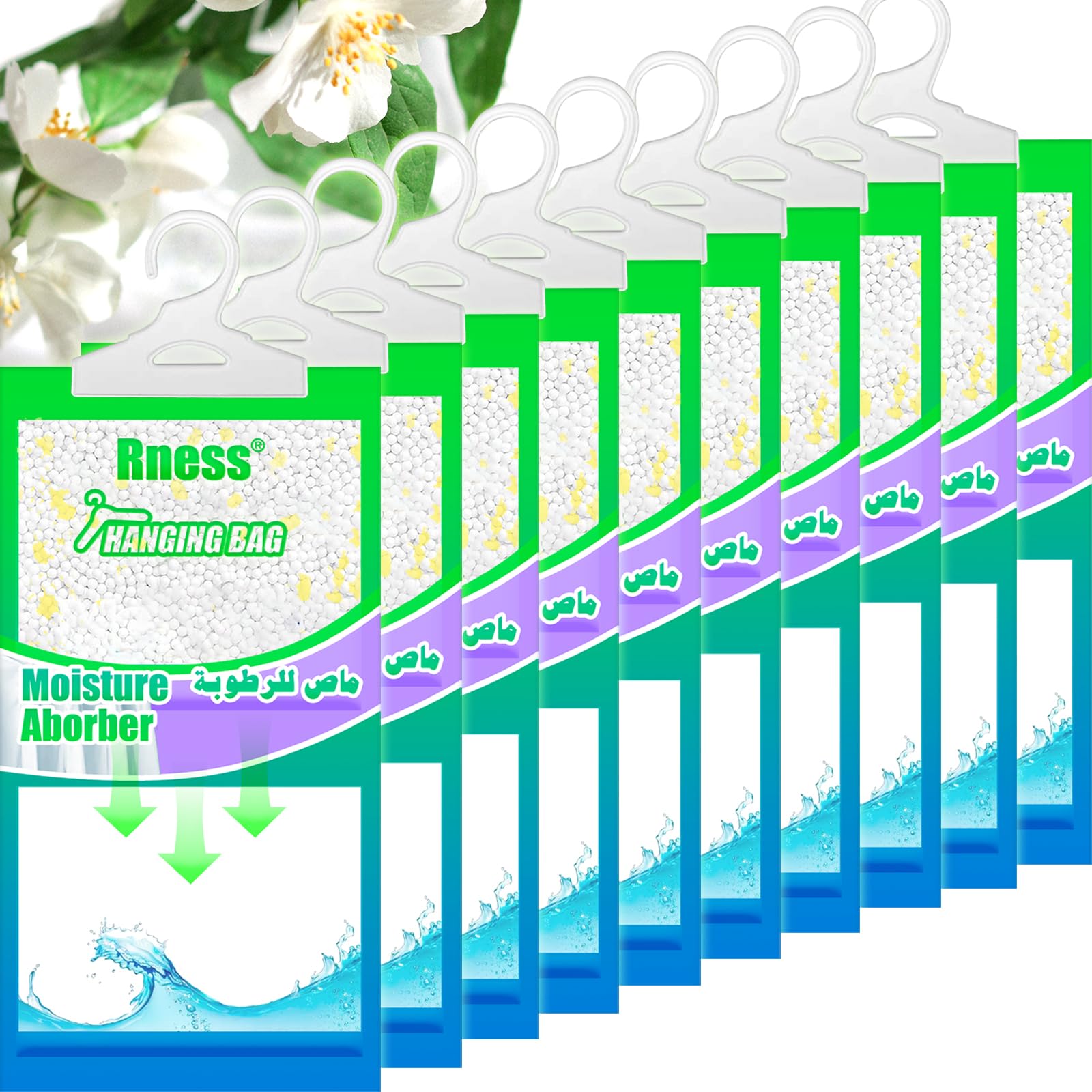 Rness Moisture Absorber Hanging Bag, Closet Dehumidifier Packages, Humidity Absorber, Moisture Removers, Jasmine, 10x Set