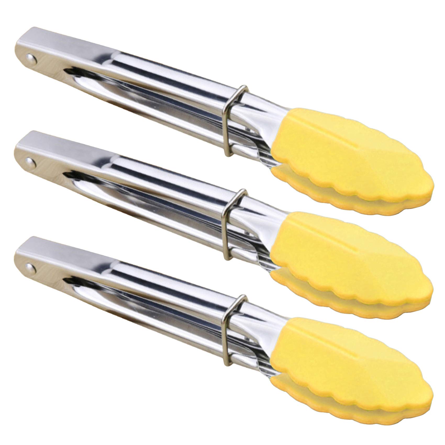 HINMAY 7-Inch Mini Tongs with Silicone Tips, Set of 3 (Yellow)