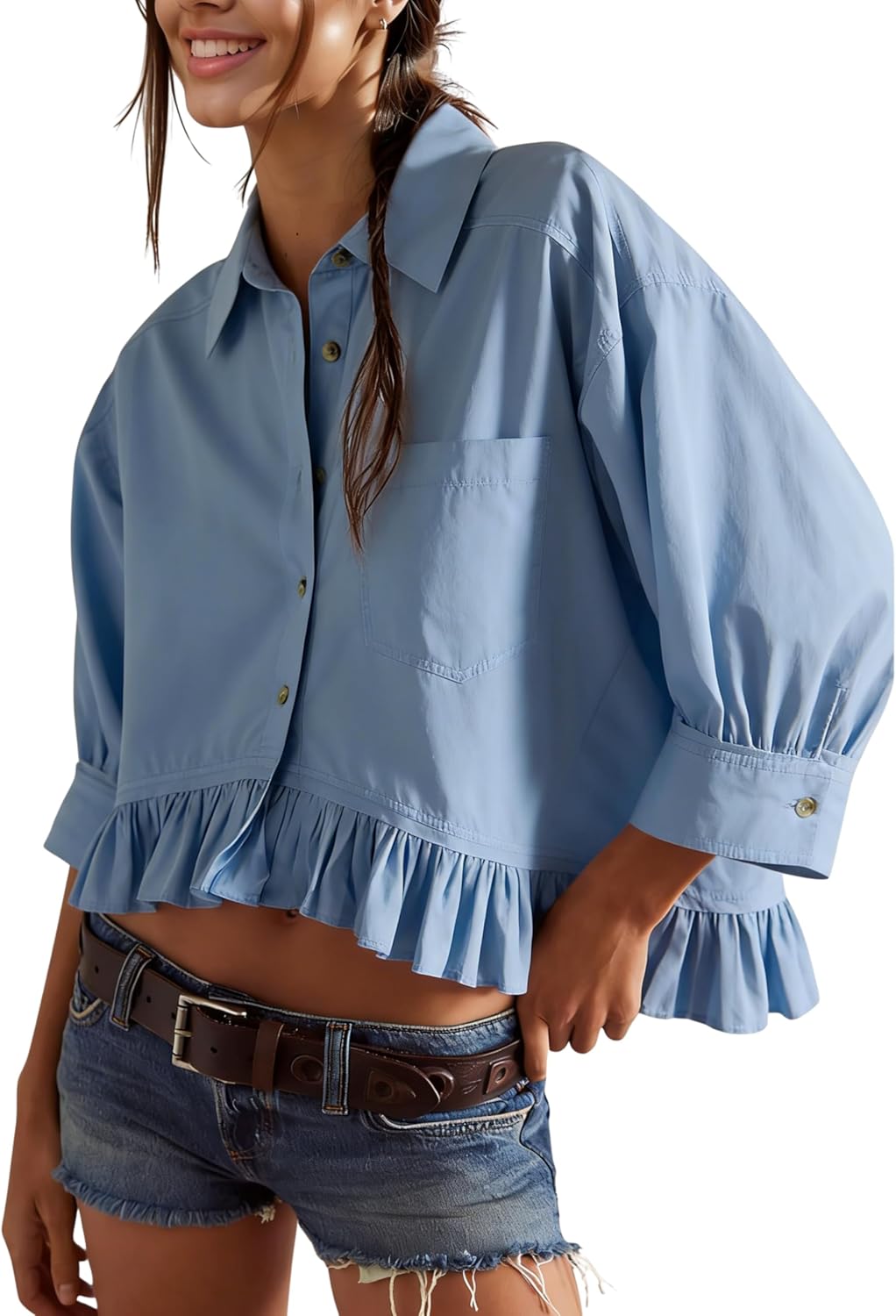 InterNos Womens Striped 3/4 Sleeve Blouse Loose V Neck Button Down Ruffled Hem Vertical Shirt Top with Pocket