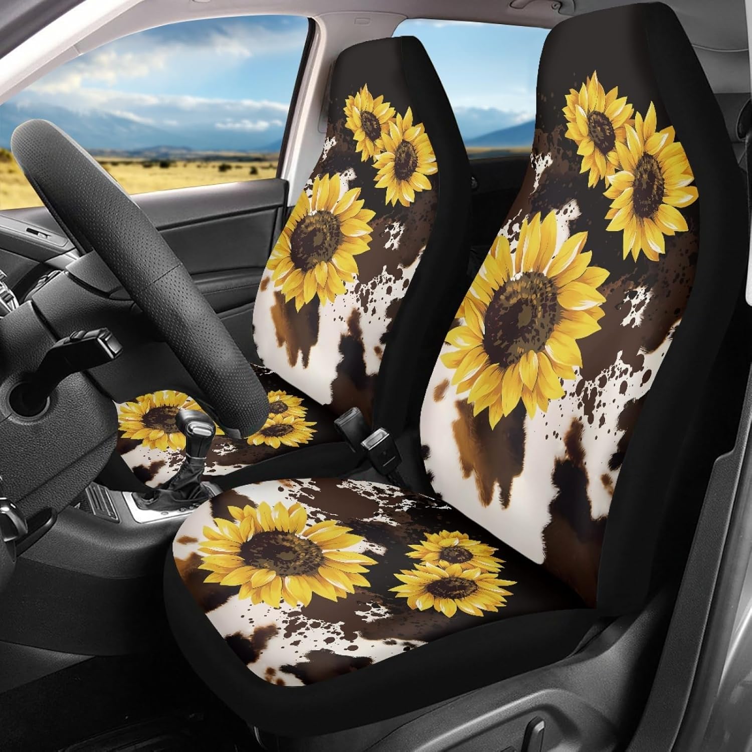 Howilath Cow Sunflowers Pattern 10pcs Car Front Seat Covers/Steering Wheel Cover/Seatbelt Pads/Keychain/Armrest Cushion/Coasters Vehicle Seat Protector Accessories